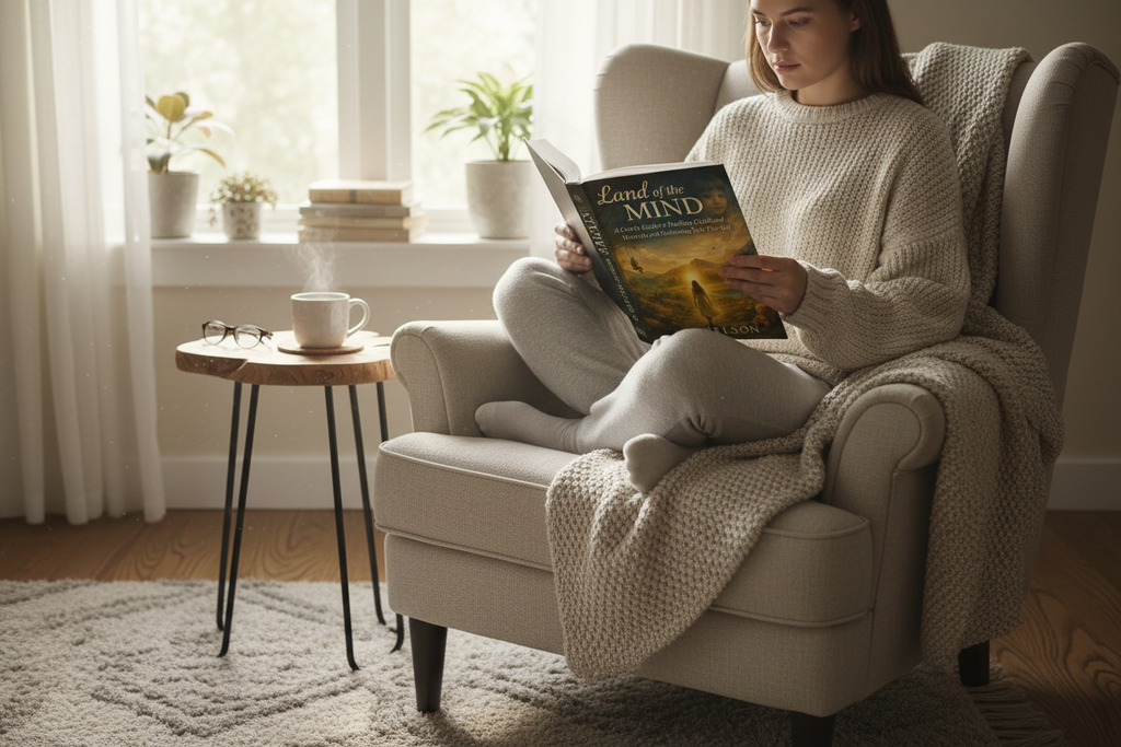 Person reading by window with tea