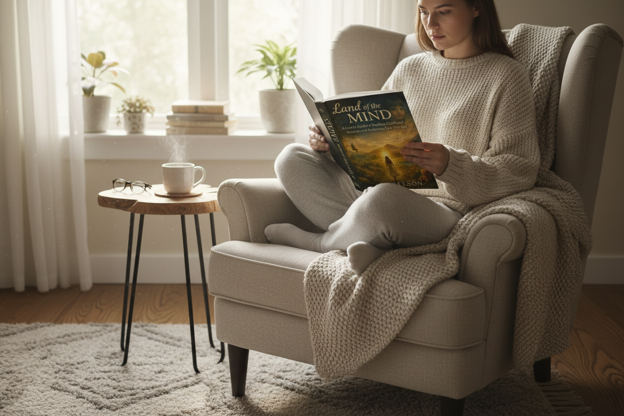 Person reading by window with tea