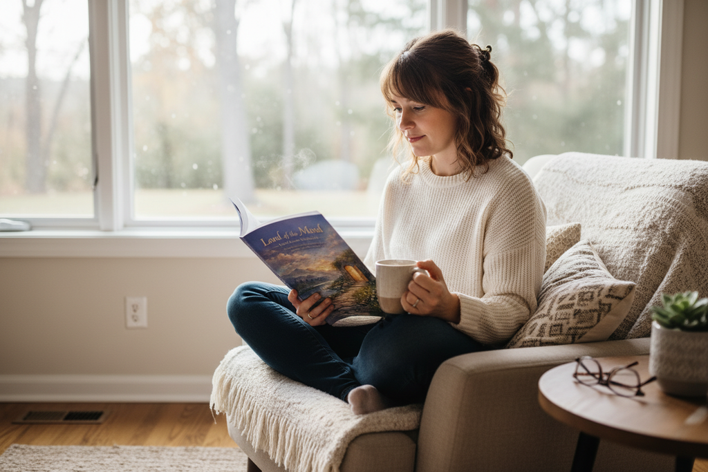Person reading by window with tea