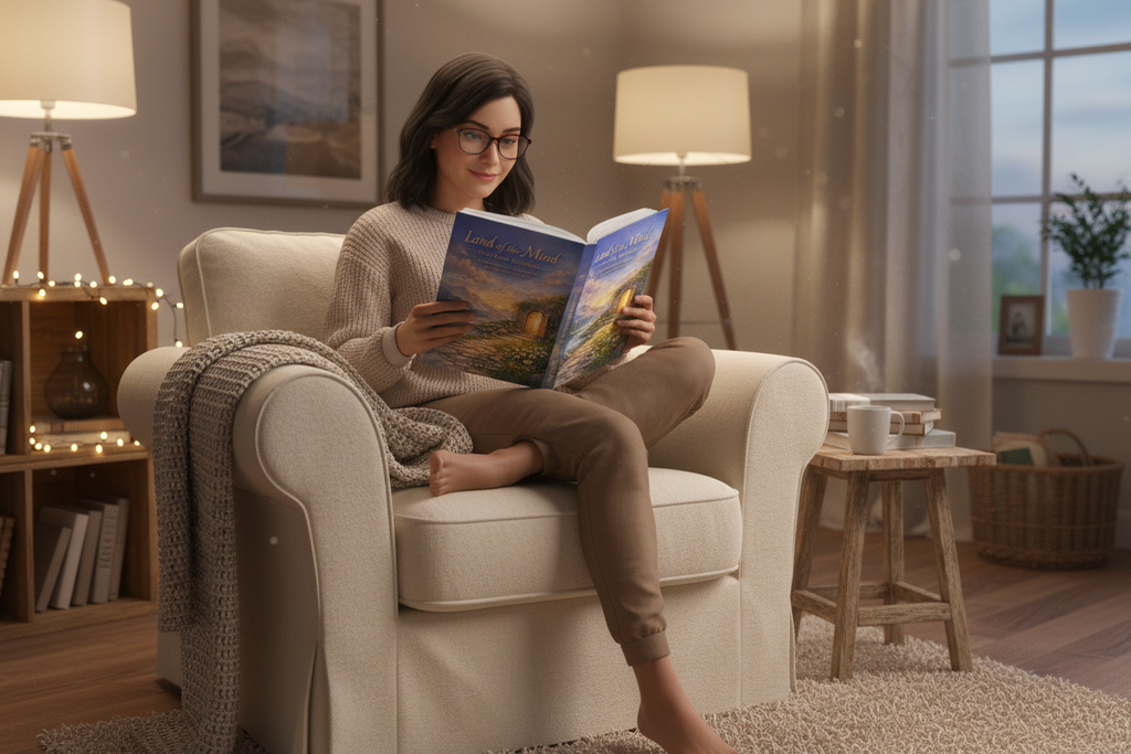 Person reading workbook in armchair