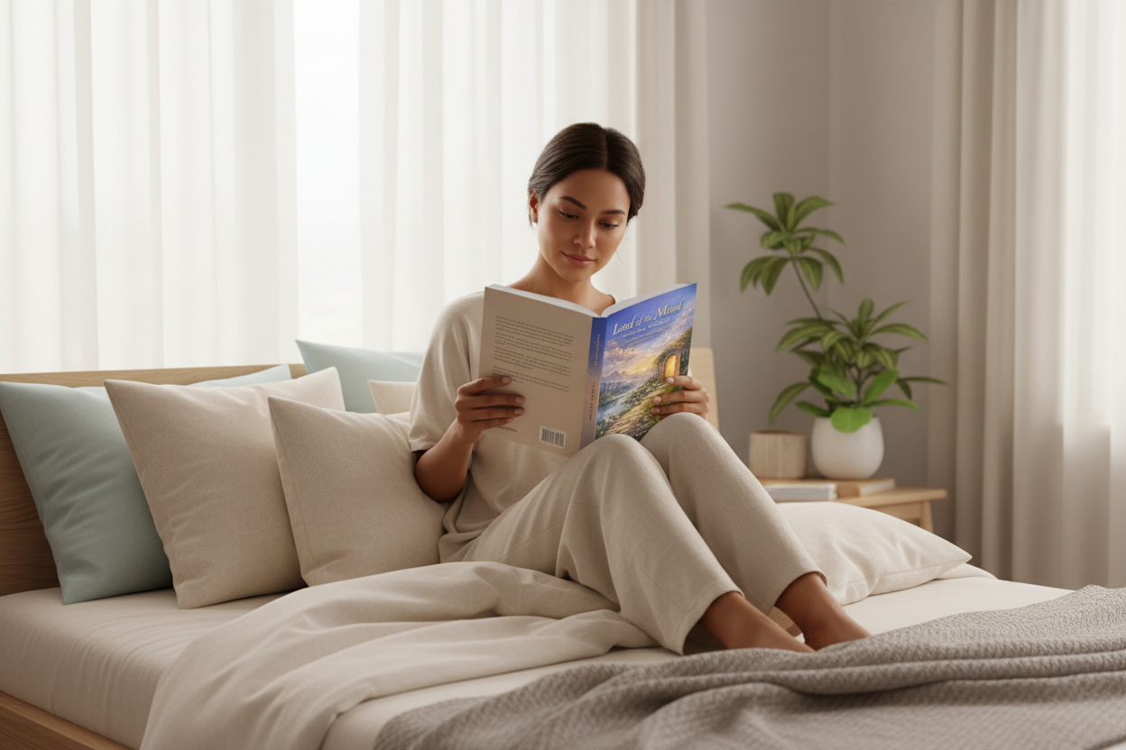 Person reading workbook on bed