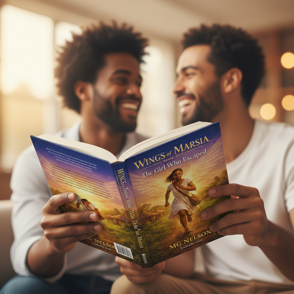 Two people sharing the book laughing