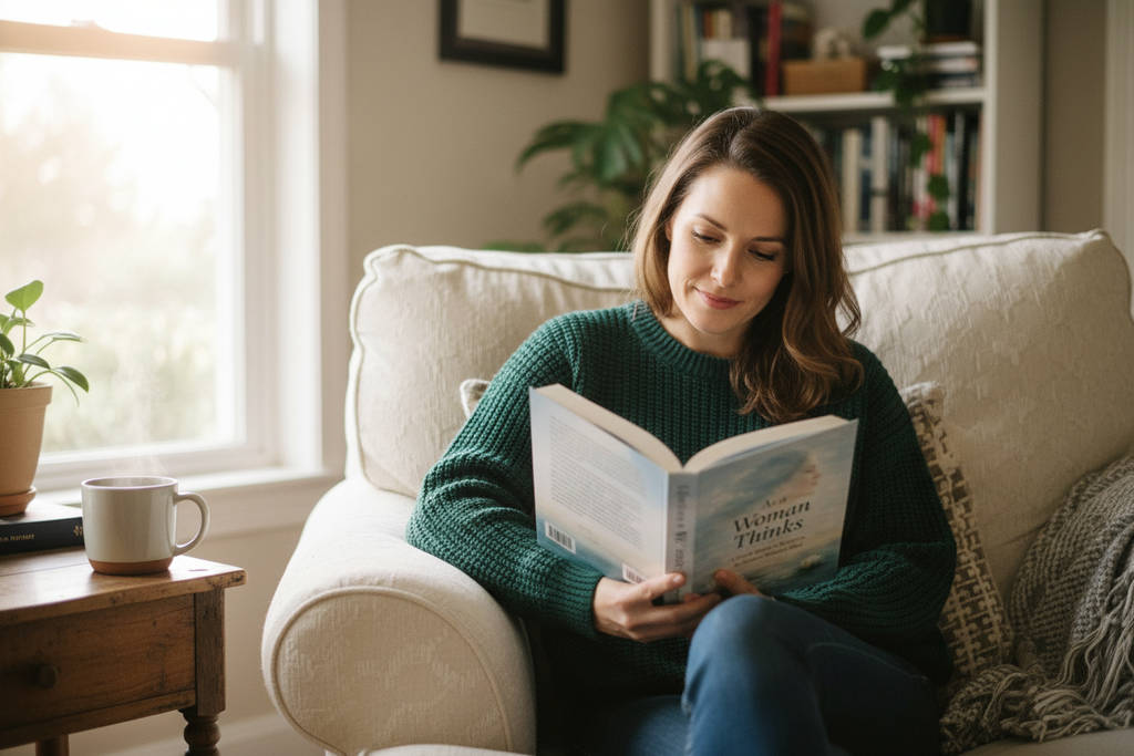 Woman reading in armchair - natural photo