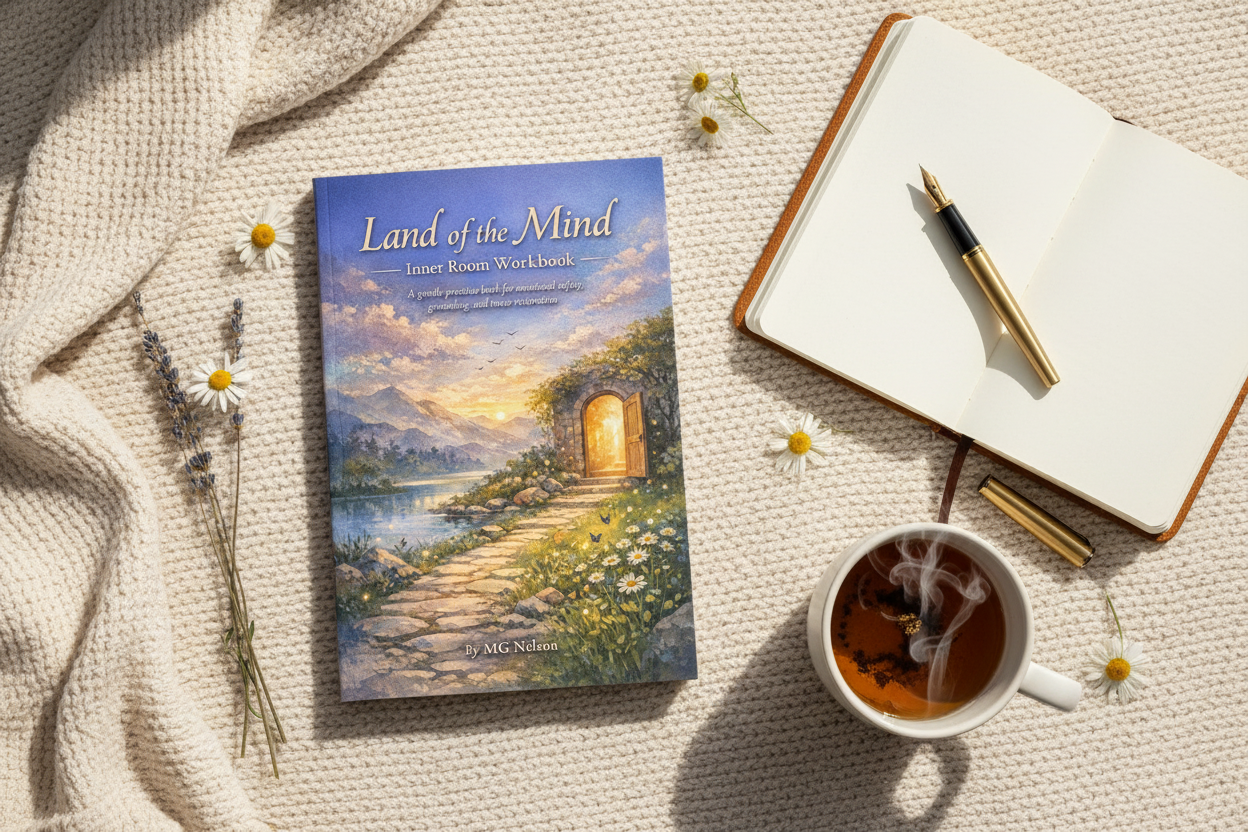 Workbook flat lay with journal and tea